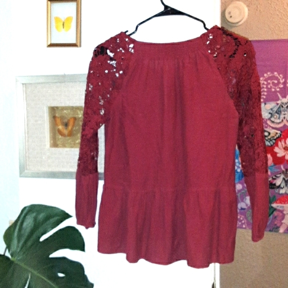 Boho peasant top embroidered  lace sleeve  😍 xs womens rusted red color - Picture 7 of 8